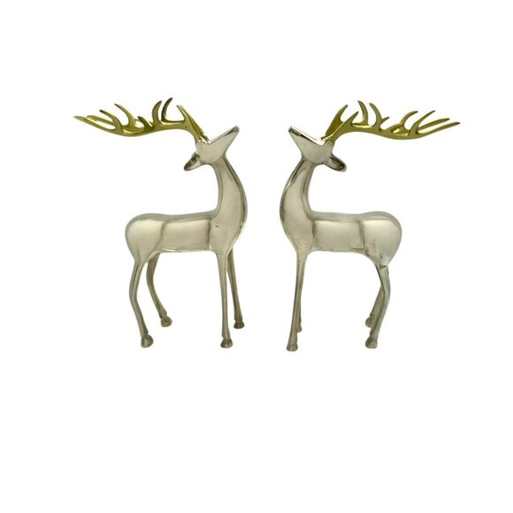 Reindeer Statues Pair Metal Stag Metallic and Gold Tone Christmas Holiday Decor - Picture 1 of 6